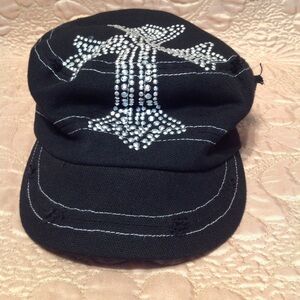 Y2K Manhattan Hat Crystal Celtic Cross Contrast Stitch Canvas Cadet Cap Black